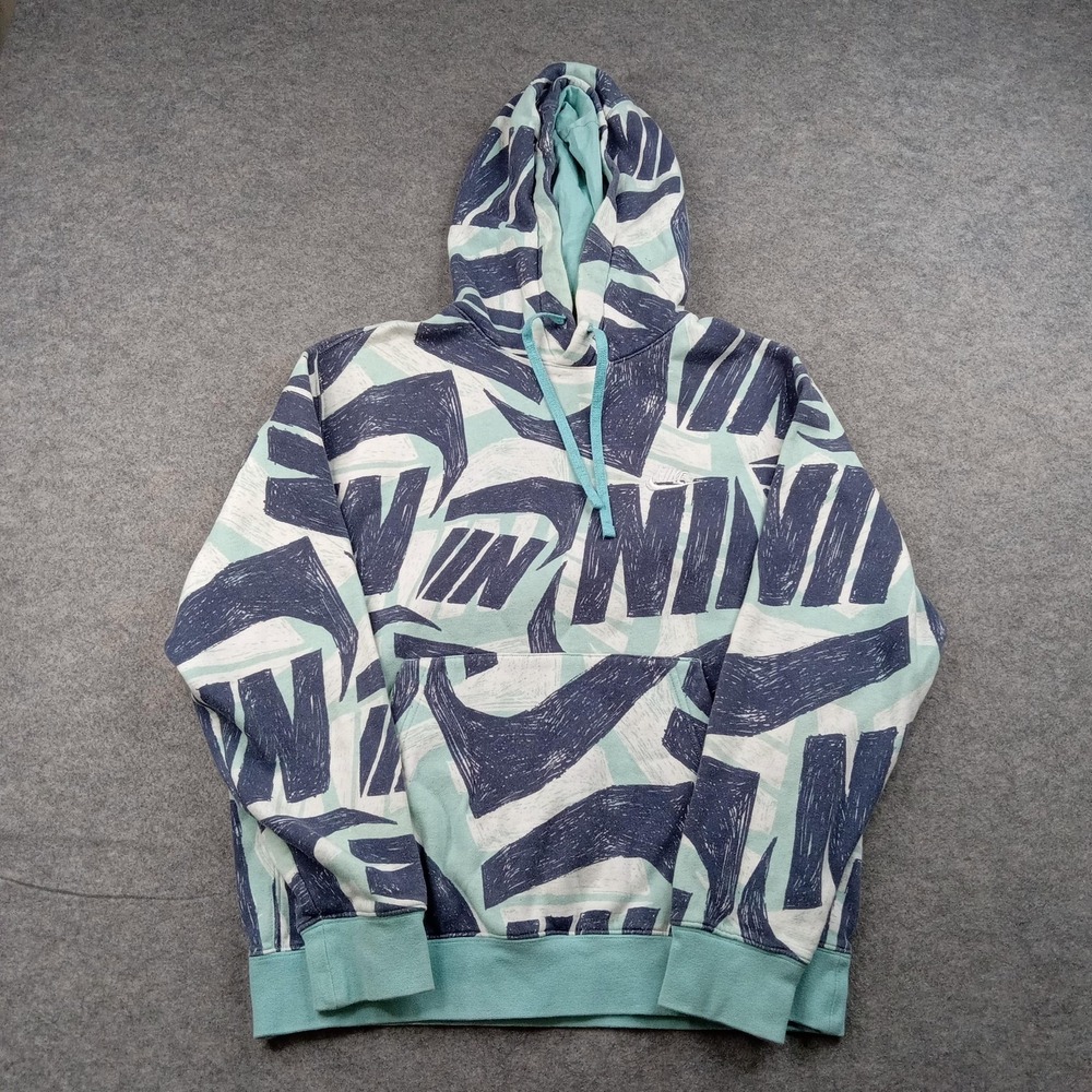 Nike Hoodie Mens Medium Teal Win Graphic Fleece Pullover Sweatshirt DB4607-464